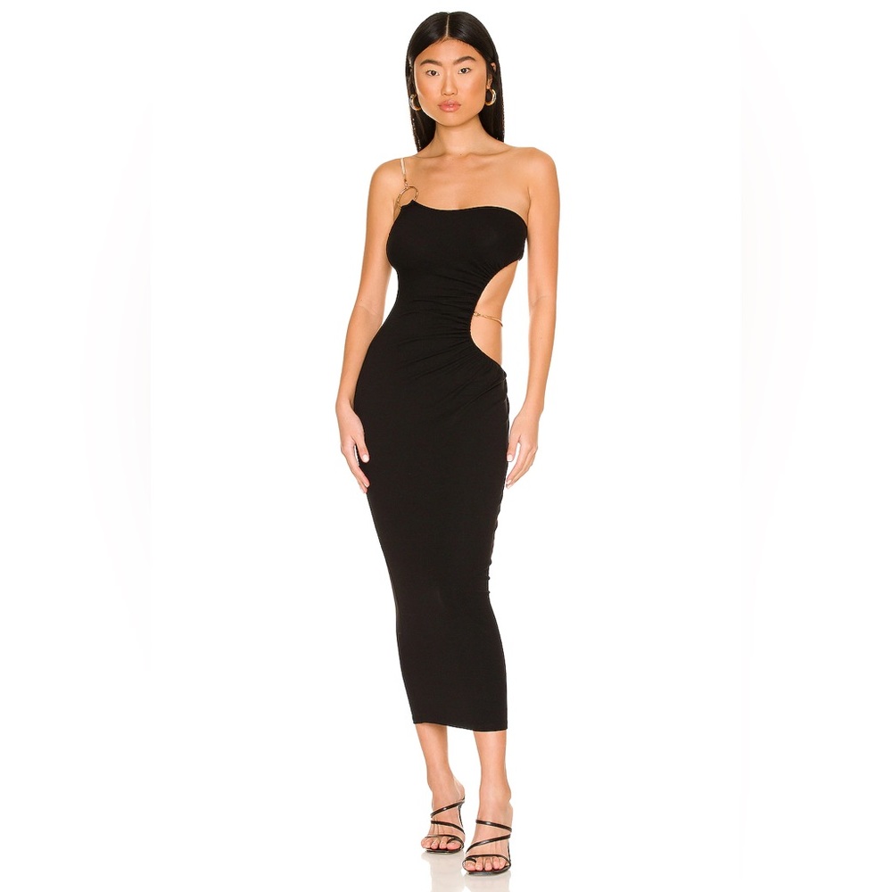 WeWoreWhat Snake Chain Jersey Knit Cutout Maxi Dress in Black w/ Gold Hardware